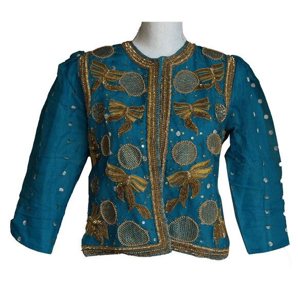 Vintage 80s Silk Beaded Jacket Boho Hippie Blue Highly Embellished Evening Coat - Picture 16 of 16